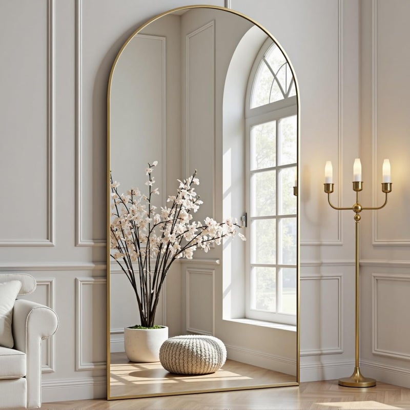 Dewfig 71"X26" Arched Full Length Mirror, Free Standing Leaning or Wall-Mounted Mirror, Aluminum Frame Modern Mirrors for Living Room, Bedroom, Cloakroom, Gold - Image 2