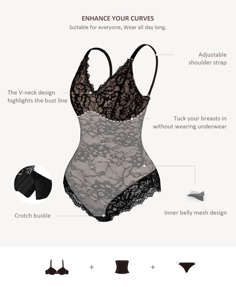 FeelinGirl Shapewear Tummy Control Lace Bodysuit Women V Neck Backless Body Shaper Thong Shapewear Lace Tops Black S - Image 3