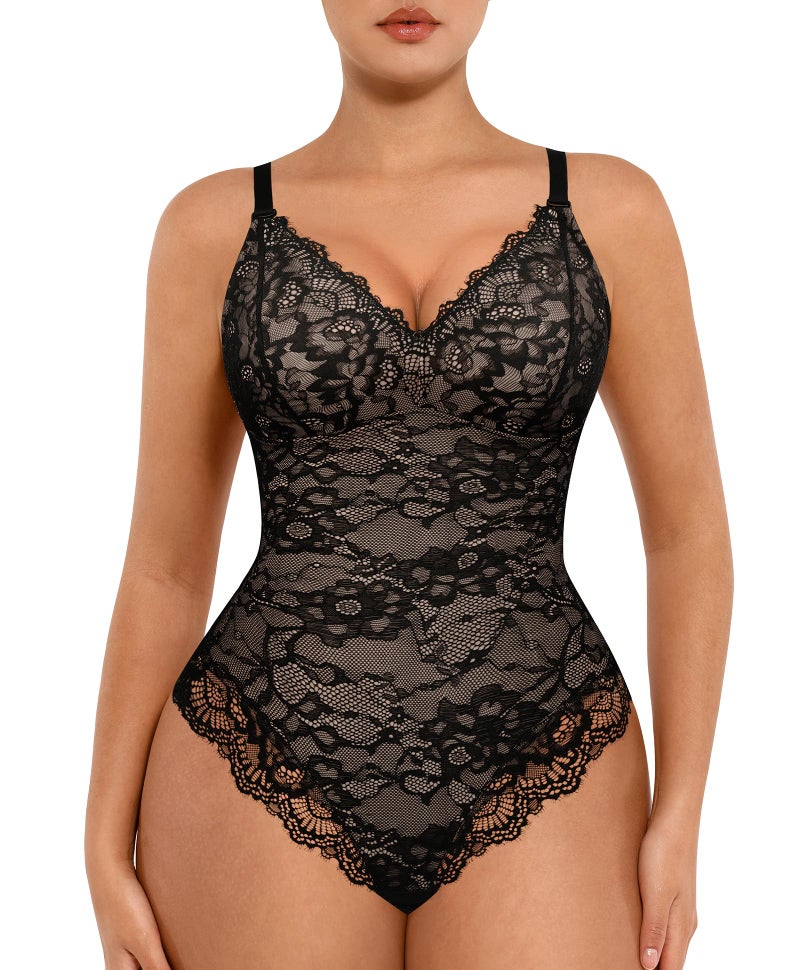FeelinGirl Shapewear Tummy Control Lace Bodysuit Women V Neck Backless Body Shaper Thong Shapewear Lace Tops Black S - Image 1