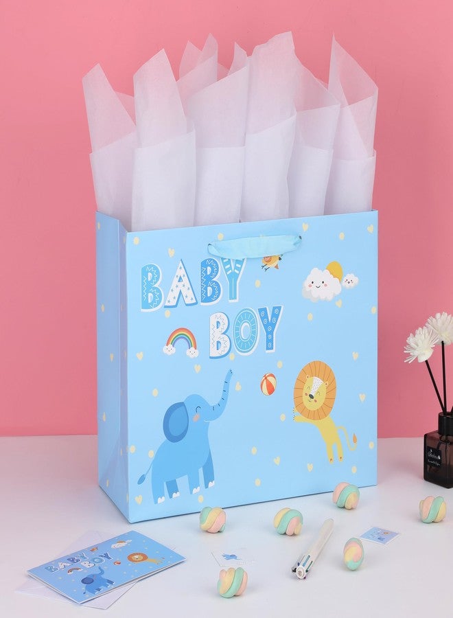 wishinside مجموعة حقائب هدايا زرقاء كبيرة مقاس 13 بوصة مع بطاقة تهنئة وورق مناديل (تصميم فيل وأسد) للمواليد الجدد، وحفلات استقبال المولود، وحفلات أعياد ميلاد الأطفال، والمواليد الجدد، والأمهات أو الآباء الجدد - 13 بوصة × 5.2 بوصة × 10.2 بوصة، قطعة واحدة. - Image 5