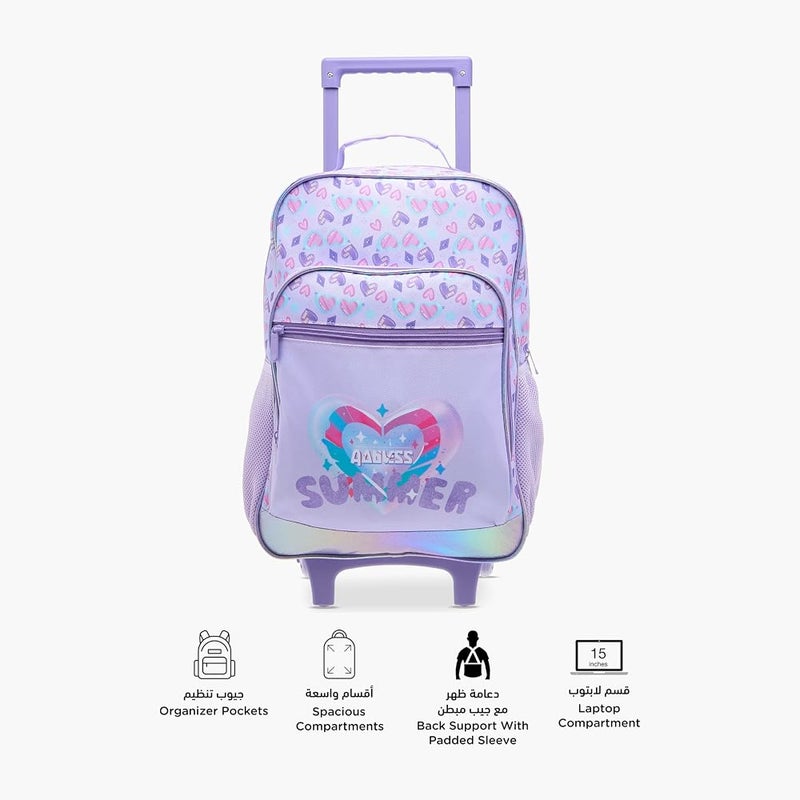 Flora Bella By Shoexpress Girls Heart Print School Trolley Backpack With Retractable Handle - 30X16X44 Cms Free Size Lilac - Image 1