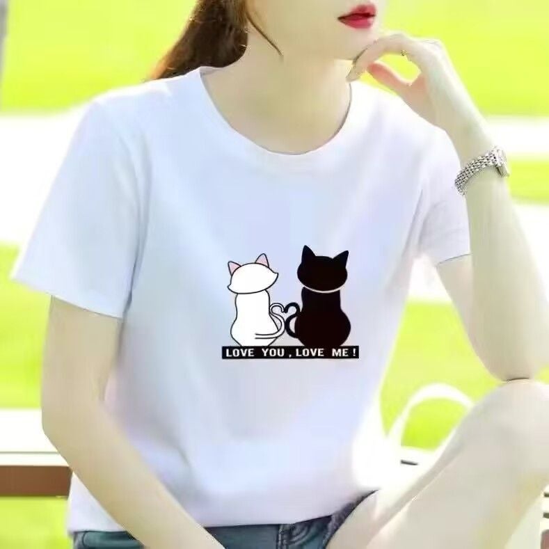 White Summer Casual Loose plus size Student Round Neck Printed Short-sleeved T-shirt Womens Slimming Letter New Simple T-shirt 9959 - Image 1