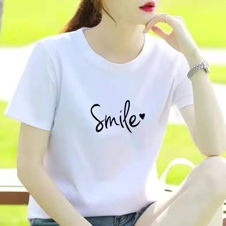 White Summer Casual Loose plus size Student Round Neck Printed Short-sleeved T-shirt Womens Slimming Letter New Simple T-shirt 9959 - Image 2