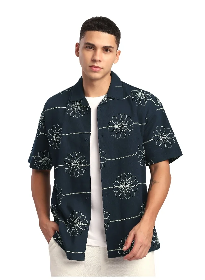 Beyoung Green Flower Embroidered Cuban Shirt