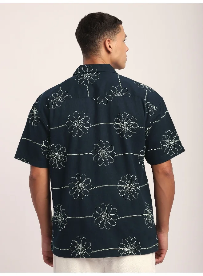 Beyoung Green Flower Embroidered Cuban Shirt
