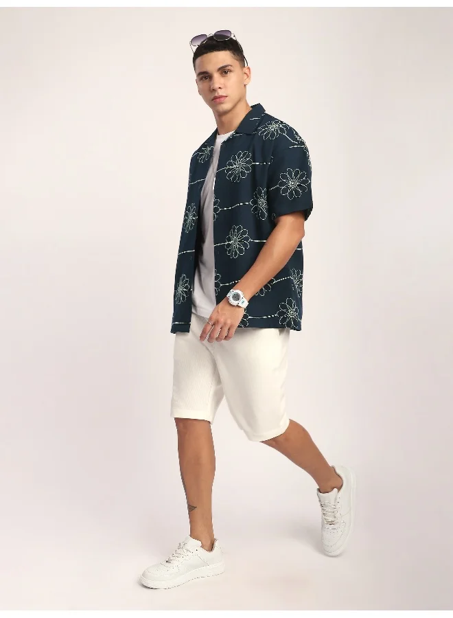 Beyoung Green Flower Embroidered Cuban Shirt