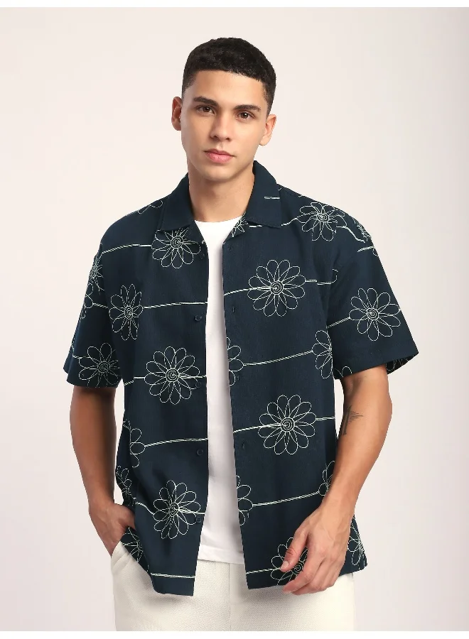Beyoung Green Flower Embroidered Cuban Shirt