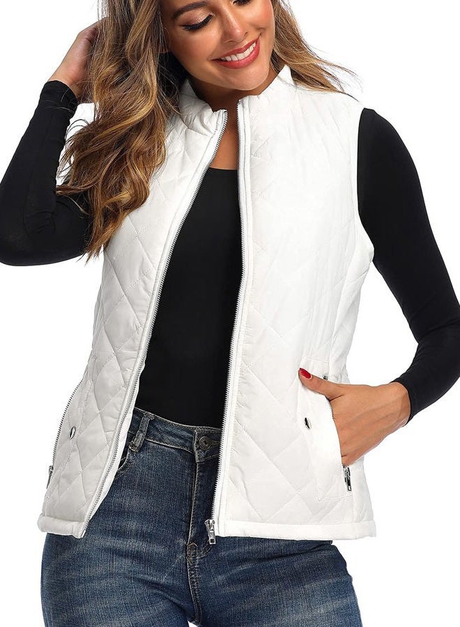 Argstar Women's Quilted Puffer Vest with 4 Pockets, Stand Collar Lightweight Zip Padded Outerwear Gilet White M - Image 2