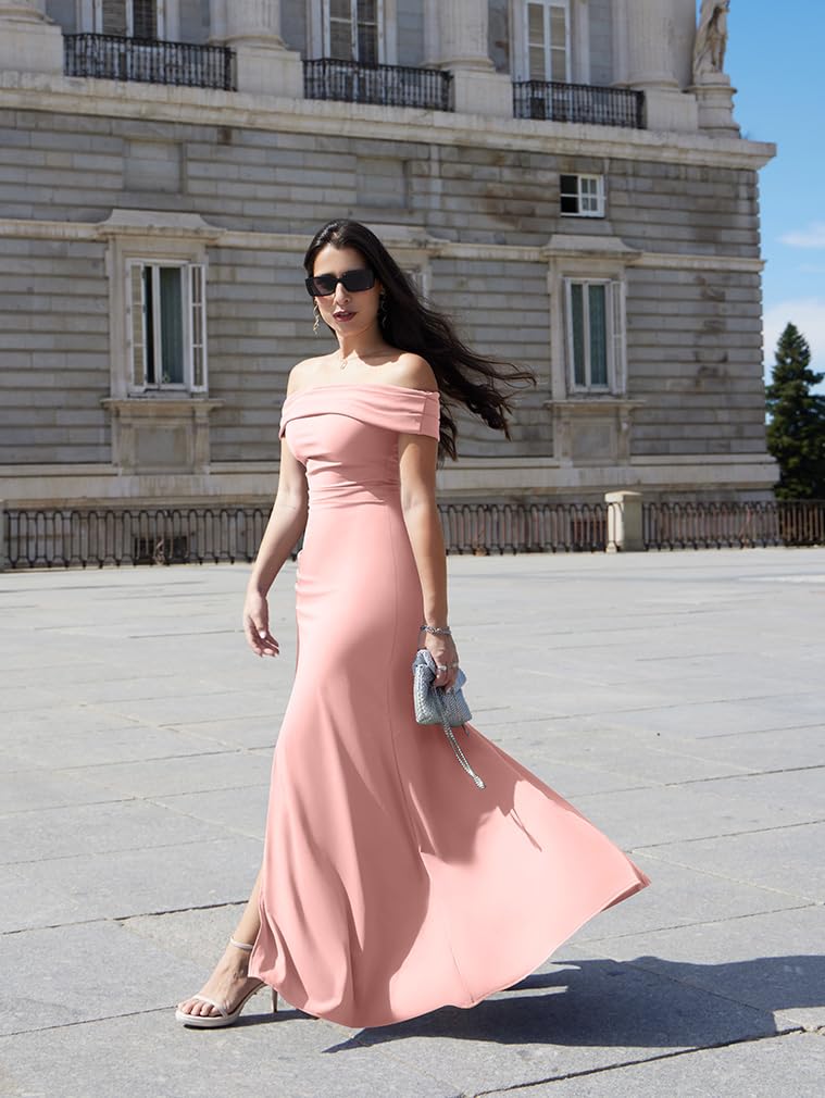 LAGSHIAN Women's Elegant Bodycon Off Shoulder Sleeveless High Split Ruched Long Formal Evening Dress Pink - Image 5