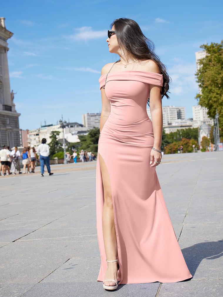 LAGSHIAN Women's Elegant Bodycon Off Shoulder Sleeveless High Split Ruched Long Formal Evening Dress Pink - Image 3