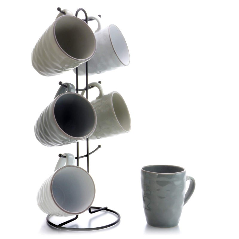Elama Tahitian Waves 6 Piece 12 oz Mug Set in Assorted Tones with Complimentary Stand - Image 1