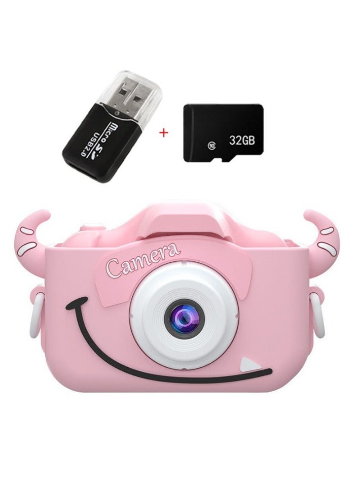 AROAQ Children's Camera Toy, HD 1080p Shockproof Children Video Camera, Anti-fall Portable Camera Toy, Multiple Functions Digital Camera,(Cute Cow Set Pink Dual Lens + 32G Capacity Card + Card Reader) - Image 1