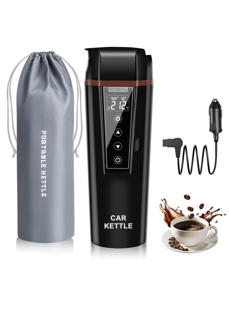 12V/24V Portable Water Boiler Heated Travel Mug, Multiple Temperature Adjustable Coffee Tea Truck Cup with 304 Stainless Steel Dry Burn Protection & Handy Cup Bag (Black) - Image 1