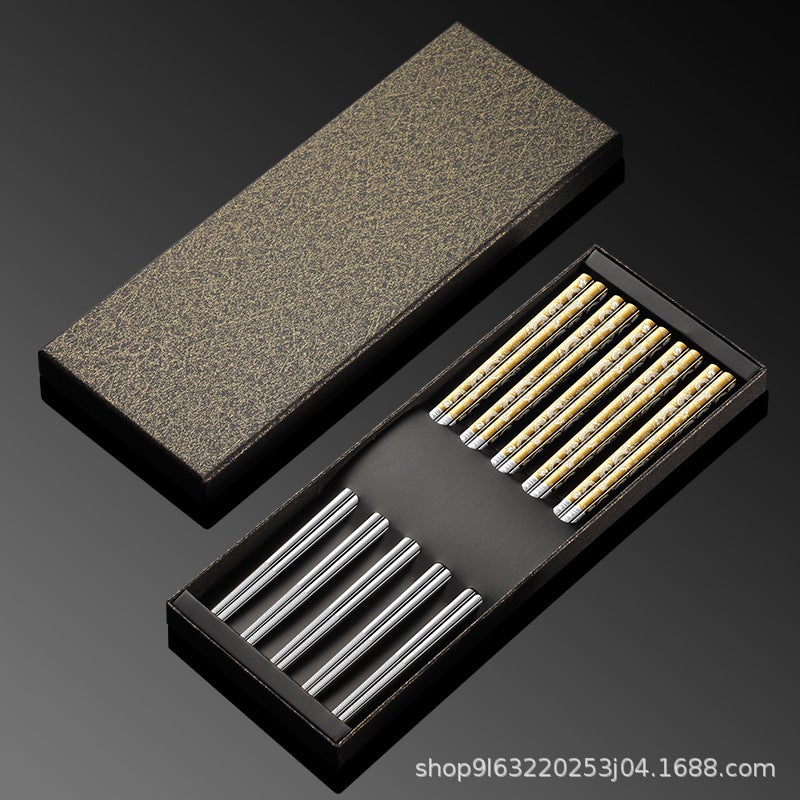 New 316L Stainless Steel Chopsticks Household Non-Slip Metal Chopsticks Household Chinese-Style Ssangyong Color Pattern Chopsticks Suit - Image 1