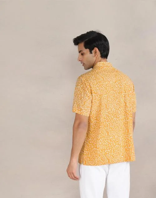 Fabindia Mustard Cotton Hand Block Printed Mid Placket Shirt