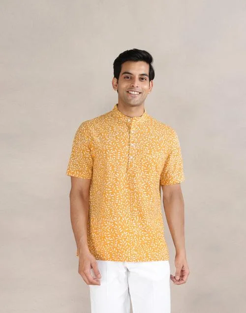 Fabindia Mustard Cotton Hand Block Printed Mid Placket Shirt