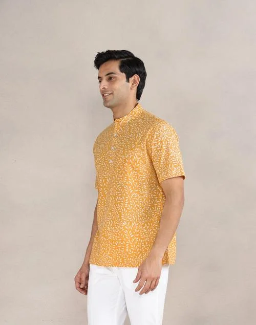 Fabindia Mustard Cotton Hand Block Printed Mid Placket Shirt