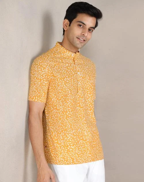 Fabindia Mustard Cotton Hand Block Printed Mid Placket Shirt