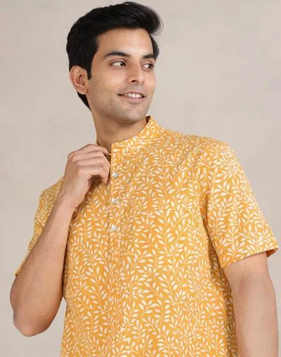 Fabindia Mustard Cotton Hand Block Printed Mid Placket Shirt