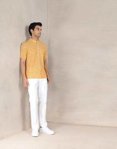Fabindia Mustard Cotton Hand Block Printed Mid Placket Shirt