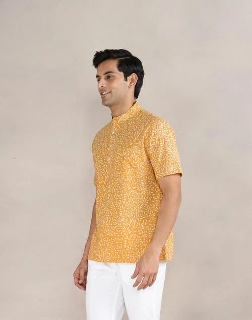 Fabindia  Mustard Cotton Hand Block Printed Mid Placket Shirt for Men | Best Price UAE