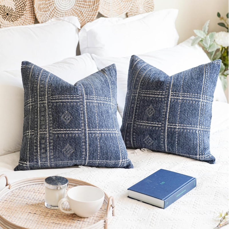 غطاء وسادة ظهري تزييني من ، بلون أزرق، مقاس 20×20، مجموعة من 2 قطعة، بأسلوب Boho، منسوج من قماش الشينيل الناعم، يُستخدم فقط كغطاء.