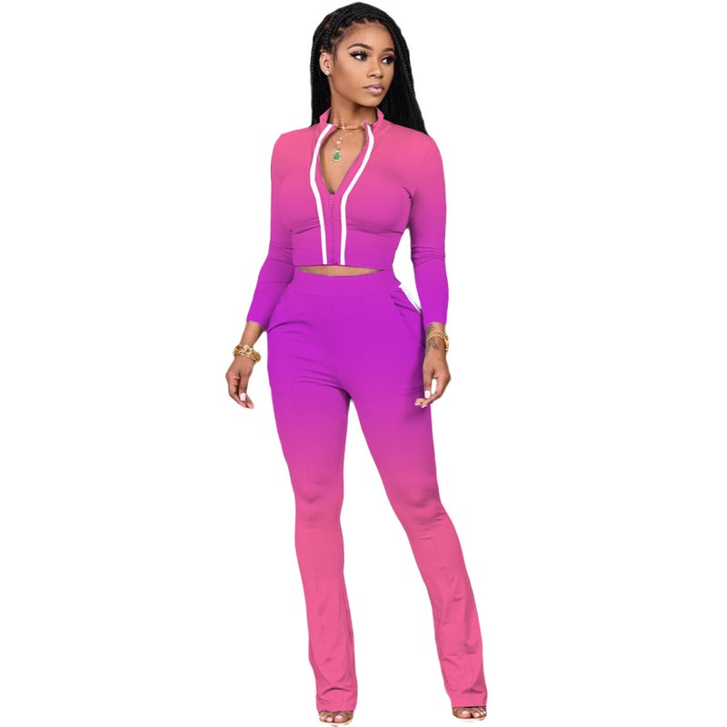 Generic X9267 Cross-border Special for Navel Zipper Sweater Tight Pants Two-piece Sports Suit Autumn and Winter Amazon Explosions Pink  - Image 1
