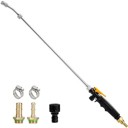 Hbaushun 28 Inch Sprayer Wand14 38 Brass Barbs Universal Hose Sprayer Wand ReplacementStainless Steel Sprayer Wand with Shut off Valve 2 Hose Clamps and 12 Hose Quick Connector - Image 1