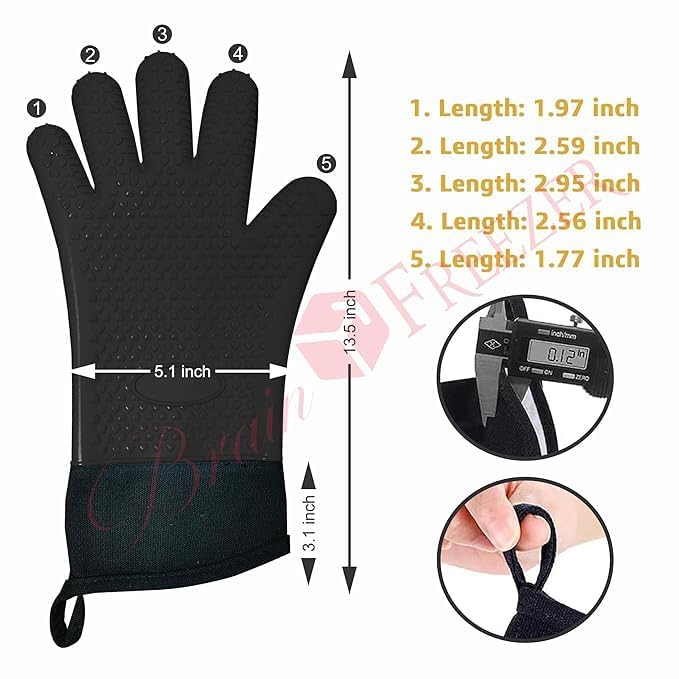 Brain Freezer Soft Silicone Cotton Double-Layer Oven Gloves - Extreme Heat Resistant Washable Mitts for Safe Cooking Baking & Frying at The Kitchen,BBQ Pit & Grill. (Black) - Image 1