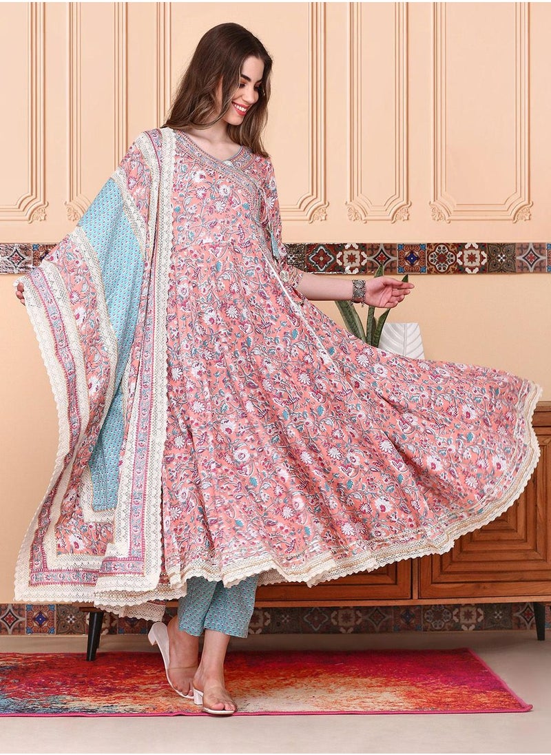 ISHIN Women's Multicoloured 100% Cotton Embellished Tunic Full Length Casual Straight Fit Kurta Set  - Image 5