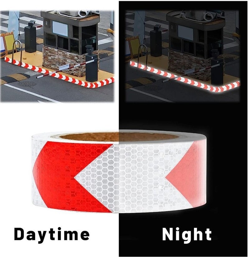 Reflective Arrow Safety Tape 5cm x 25m High Visibility Waterproof Adhesive Warning Tape Honeycomb Pattern Reflective Strip for Vehicles Trucks Trailers Road Barriers Parking Areas Gates Warehouses Safety Marking Outdoor Indoor Use Roll - Image 3