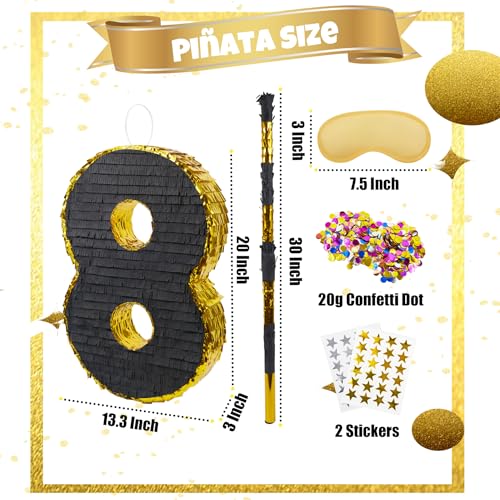 PCFING 20 Inch Number 8 Piata Gold Black with 30 Inch Piata Stick Blindfold Confetti for Man Women Boys Girls Birthday Party Decorations Anniversary Celebration Fiesta - Image 5