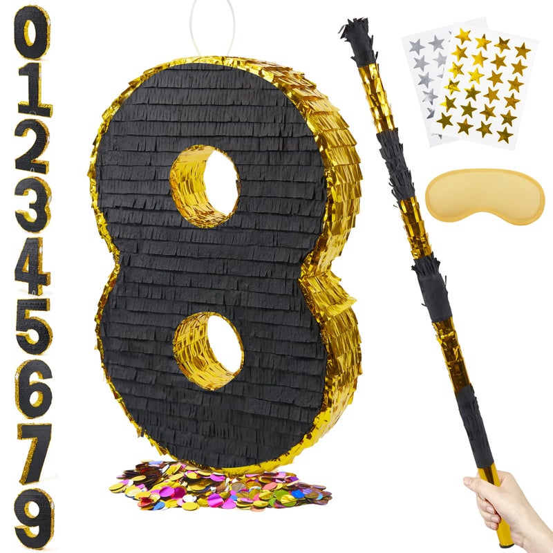 PCFING 20 Inch Number 8 Piata Gold Black with 30 Inch Piata Stick Blindfold Confetti for Man Women Boys Girls Birthday Party Decorations Anniversary Celebration Fiesta - Image 3