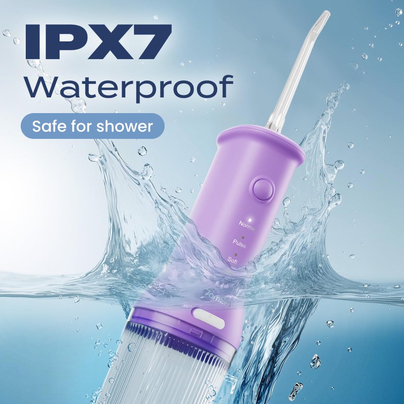 7AM2M Portable Cordless Water Flosser, Oral Irrigator with 3 Modes & 2 Tips, Fast Rechargeable, IPX7 Waterproof, Dental Water Flosser for Travel and Home Use (Purple) - Image 5