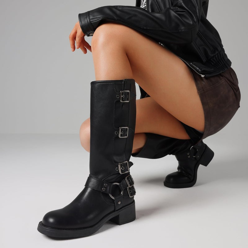 AMINUGAL Black Knee High Boots Women Square Toe Pull On Wide Calf Riding Boots Fashion Buckles Chunky Metallic Casual Vintage Buckle Rivet Size 8.5 - Image 3