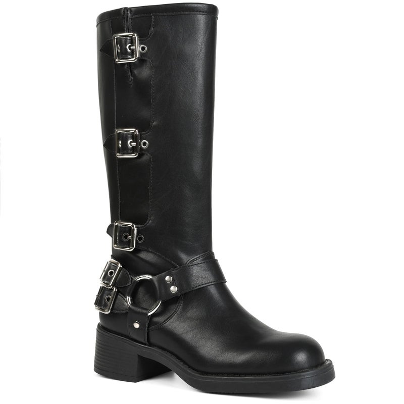 AMINUGAL Black Knee High Boots Women Square Toe Pull On Wide Calf Riding Boots Fashion Buckles Chunky Metallic Casual Vintage Buckle Rivet Size 8.5 - Image 1