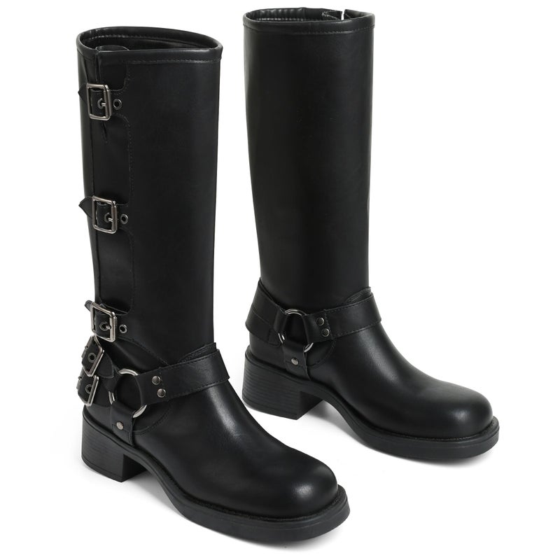 AMINUGAL Black Knee High Boots Women Square Toe Pull On Wide Calf Riding Boots Fashion Buckles Chunky Metallic Casual Vintage Buckle Rivet Size 8.5 - Image 4