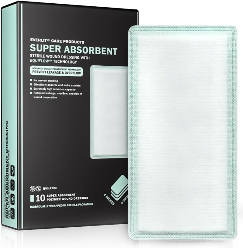 EVERLIT CARE EquiFlow Super Absorbent Dressing for Heavily Exuding Wound  FastAbsorbing NonAdhesive Polymer Dressing with Nonstick Gauze Pad  High Absorption  Retention  Pack of 10 4 x 8 - Image 1