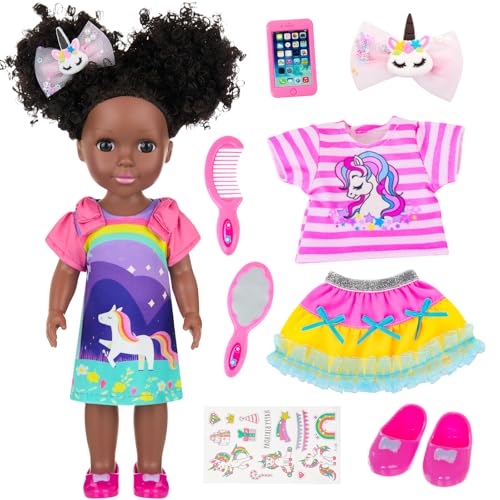 Ecore Fun 14 Inch Black Doll with Black Baby Doll Clothes Accessories Including Dress Top Skirt Shoes Comb Mirror Hairclip Phone Stickers African Realistic Silicone Girl Dolls for Girls - Image 1