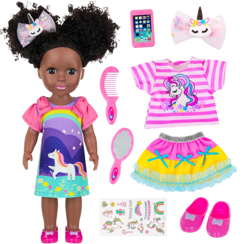Ecore Fun 14 Inch Black Doll with Black Baby Doll Clothes Accessories Including Dress Top Skirt Shoes Comb Mirror Hairclip Phone Stickers African Realistic Silicone Girl Dolls for Girls - Image 3