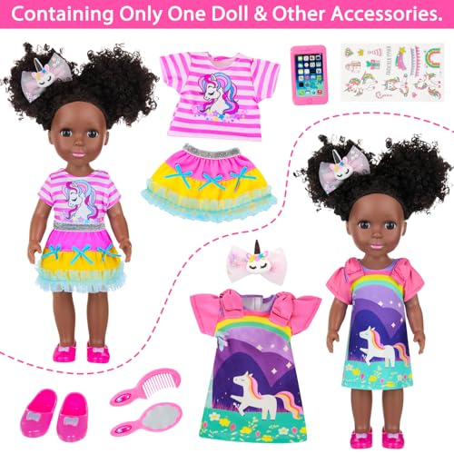 Ecore Fun 14 Inch Black Doll with Black Baby Doll Clothes Accessories Including Dress Top Skirt Shoes Comb Mirror Hairclip Phone Stickers African Realistic Silicone Girl Dolls for Girls - Image 5