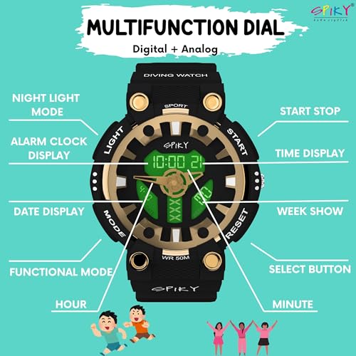 SPIKY Premium Analog-Digital Diving Sports Watch for Kids Boys and Girls | Multifunctional, Luminous & Dual Time Display, 50M Waterproof, Unbreakable TPU Strap | Best Birthday Gift for for 4 to 14 Years Kid - Image 3