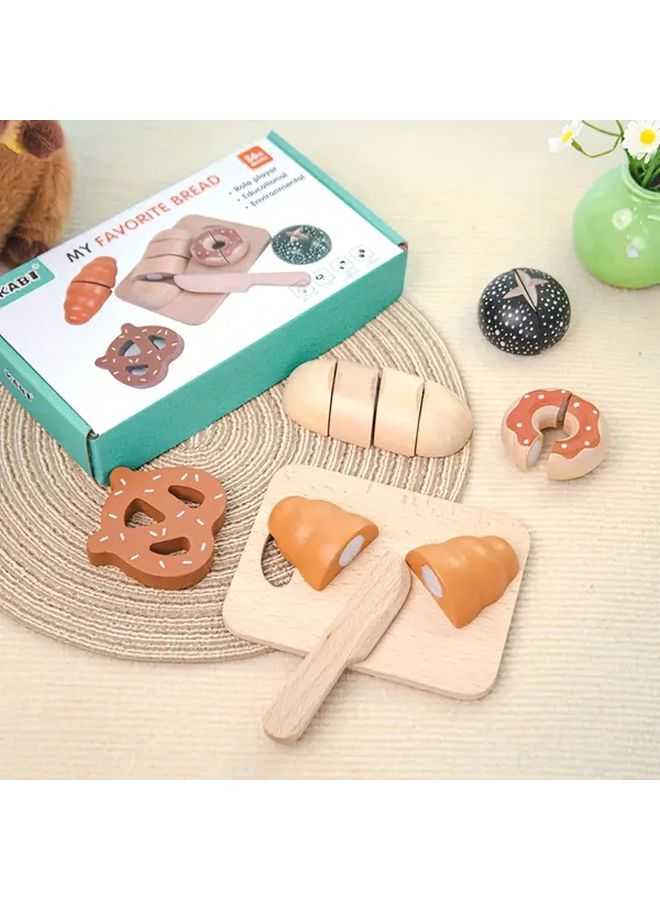 Wooden Bread Cutting Toy Kitchen Set With Magic Sticker Donut Afternoon Tea Puzzle - Image 1