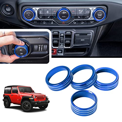 JKCOVER Knobs Ring Covers Compatible With 2018-2024 2025 Jeep Wrangler JL JLU & 2020-2024 2025 Jeep Gladiator JT, Aluminum Alloy Trim Cover for Air Conditioner Volume Radio Headlight Switch Knob(4PCS, Blue) - Image 1