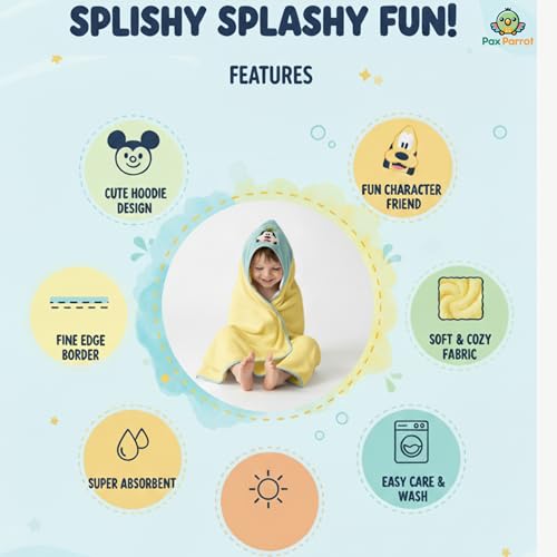 PAX PARROT Ultra-Soft Baby Hooded Towel – 100% Cotton Wrap Your Little one in Softness and Joy, Hypoallergenic & Super Absorbent Bath Wrap for Newborns & Toddlers | Cute Animal Design,(0-5Years) (Yellow & BLue) - Image 3