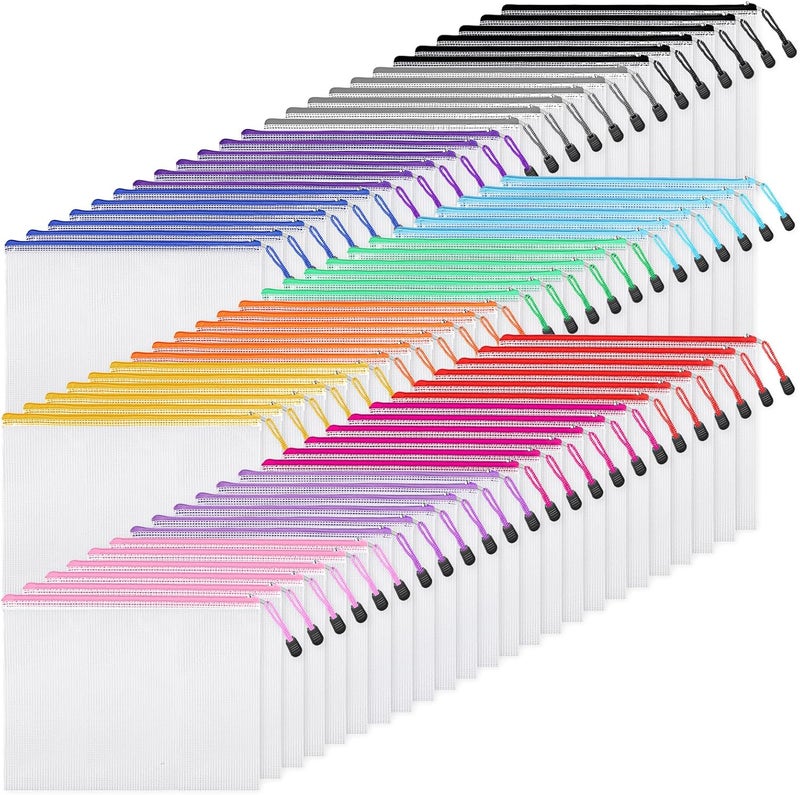 EOOUT 72pcs Mesh Zipper Pouch, A4 Size, 12 Colors Zipper Bags for Organizing Storage, Waterproof Puzzle Bag, Zipper File Bags for Board Games and School Office Supplies - Image 1