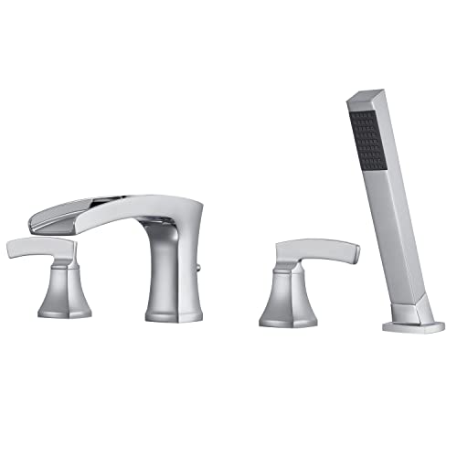 Artiqua Tub Filler Roman Waterfall Tub Faucet Chrome Deck Mount Bathtub Faucets 4 Hole Brass Bathroom Faucets with Hand Shower - Image 1