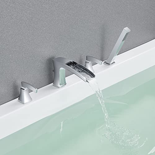 Artiqua Tub Filler Roman Waterfall Tub Faucet Chrome Deck Mount Bathtub Faucets 4 Hole Brass Bathroom Faucets with Hand Shower - Image 4