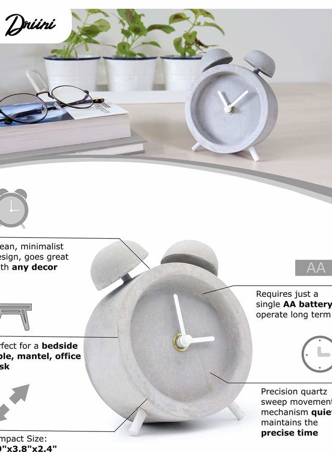 Driini Concrete Twin Bell Desk and Table Clock - Battery Operated with Precise Silent Sweep Movement. Perfect Small Clock for Guest Room, Bathroom, Living Room or Office. - Image 2