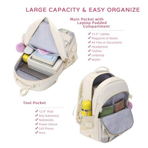 KIDNUO Backpack for Girls, 15.6 Inch Laptop School Bag Kids Kindergarten Elementary College Backpacks Large Bookbags for Teen Girl Women Students Casual Travel Daypacks (Beige) - Image 4